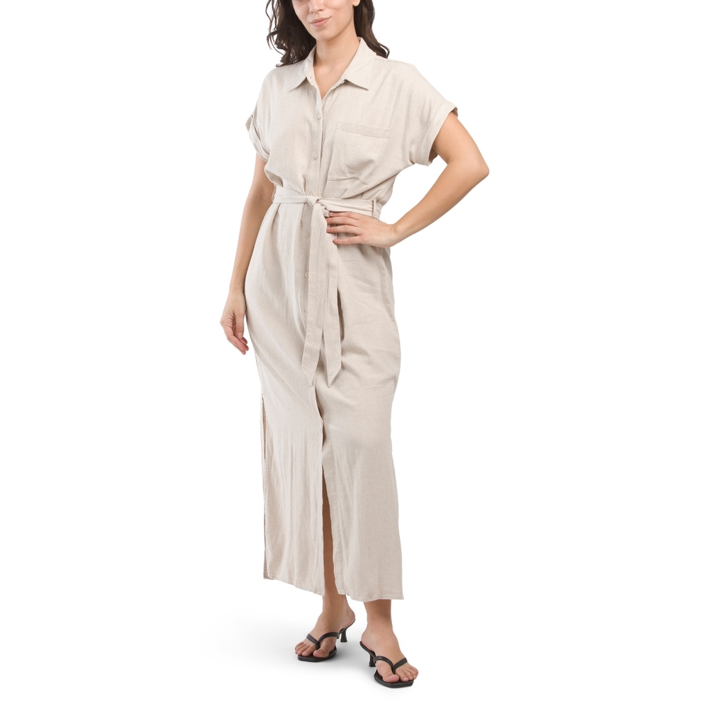 NWT - Linen Blend Calvin Klein Natural Button Down Maxi Shirtdress - Size 14